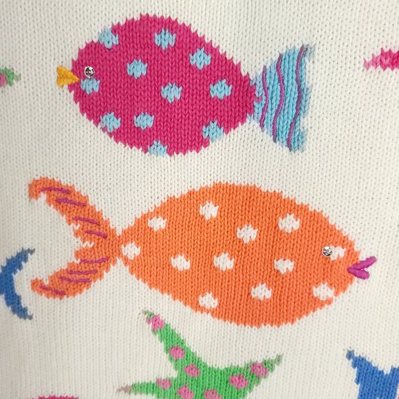 Vtg Richard Sport Sweater Womens Large White Multicolor Fish Starfish Sleeveless - Picture 7 of 9